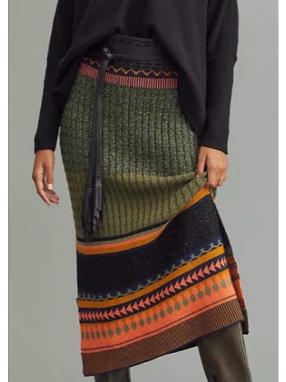 Women’s Olive Green Patterned Midi Knit Skirt